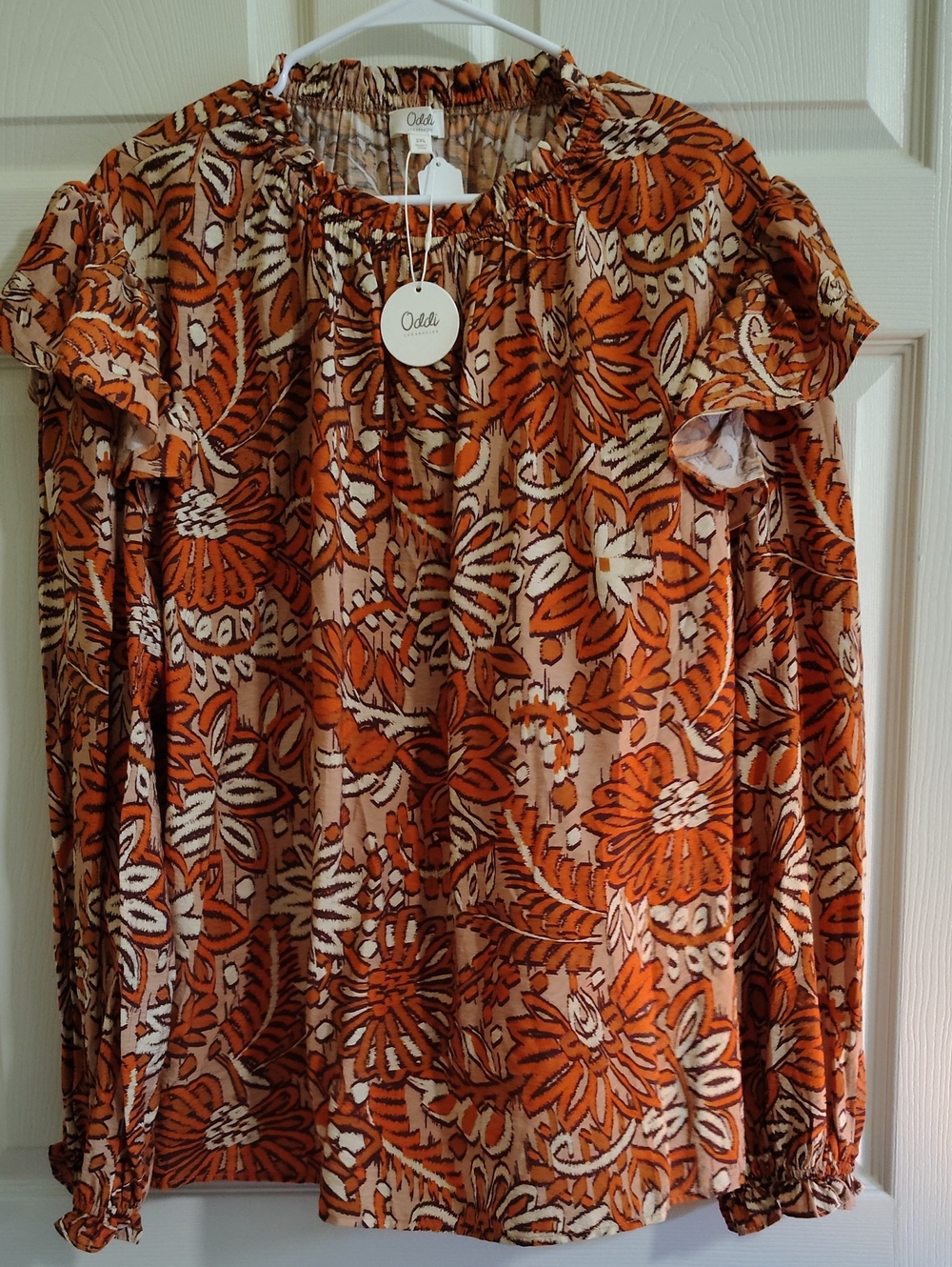 Oddi Orange Floral Ruffle Shoulder Blouse